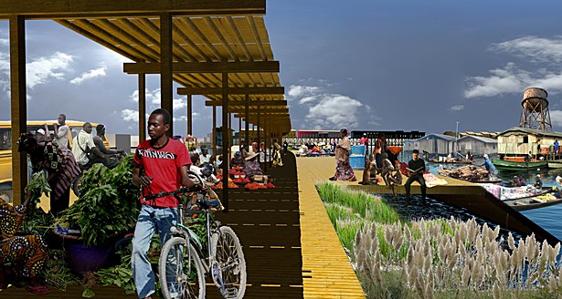 Proposed Market Street showing shaded market stalls, pedestrian walkway, and boat docking platform and stairs