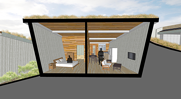 cross section of handicap unit showing angled walls