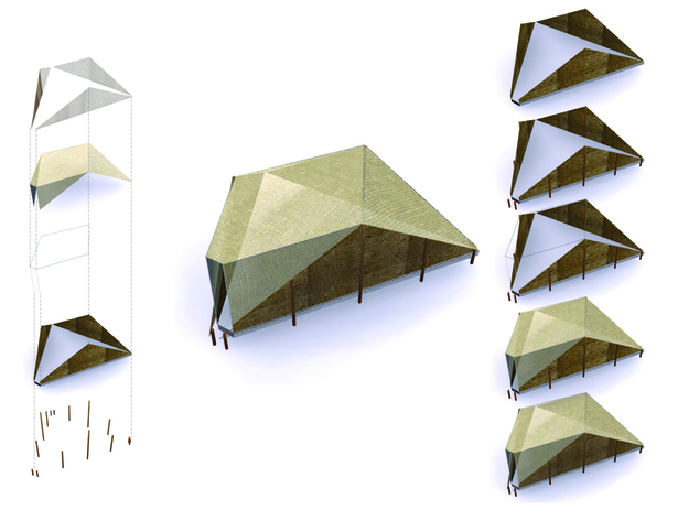 Beginning with the floor plate, the walls are folded up, metal framing is erected, the palm leave fabric is stretched over the remaining openings, and the bamboo slats are installed last as a shading device. The local people complete the whole process in one day. The whole structure is elevated above ground to allow for ventilation and flooding during monsoon season.