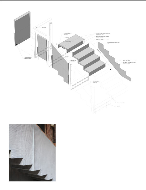 Top: Drawing of Stair Assembly at Rear; all members of assembly play a structural role Bottom: View of Stair at Rear