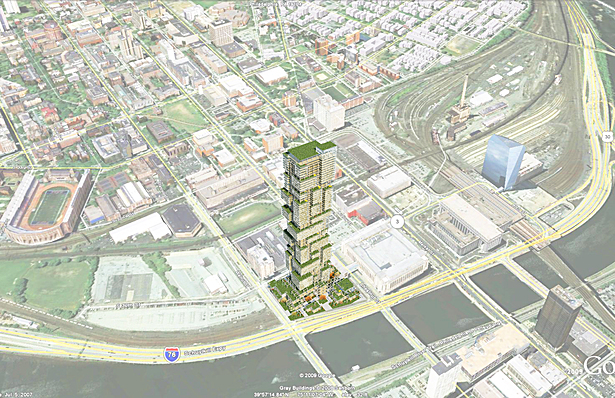 Arial view showing the amount of green space created on through the use of terraces
