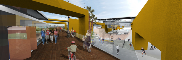 View from Elevated Pathway, into Public Space, Skate Park, and Library/Mixed Use Building 