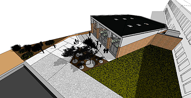 Exterior Render - bird's eye of multi-purpose room and landscape