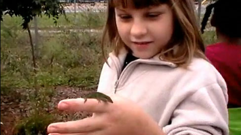 An elementary school student in the garden