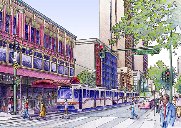Hand Rendering - 16th Street Mall, Denver, CO. (Color Pencil)