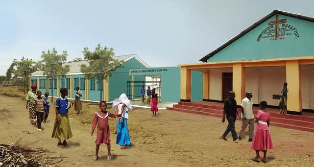 Rendering of the front gate of the future children's center, with one-story administrative building. 