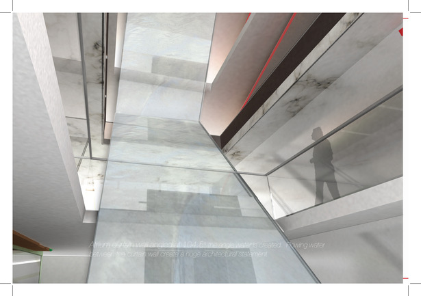 Atrium View - Angled Glass with Flowing Water at 104.5°