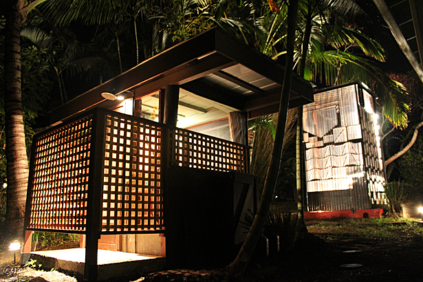 View of the finished showerhouse with kitchen behind
