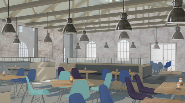 The restaurant color palette is a strong contrast to the bar. The color helps define the spaces as separate.