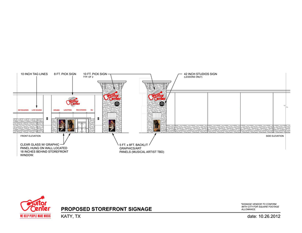 Storefront proposal showing signage locations and graphics allocations