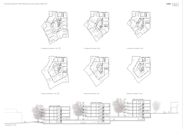 Second and penthouse floor plans, long section