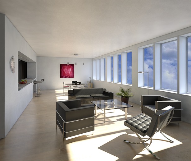 Daytime rendering showing living/dining