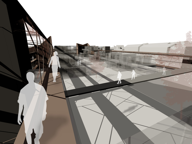Exterior perspective on structural walkway