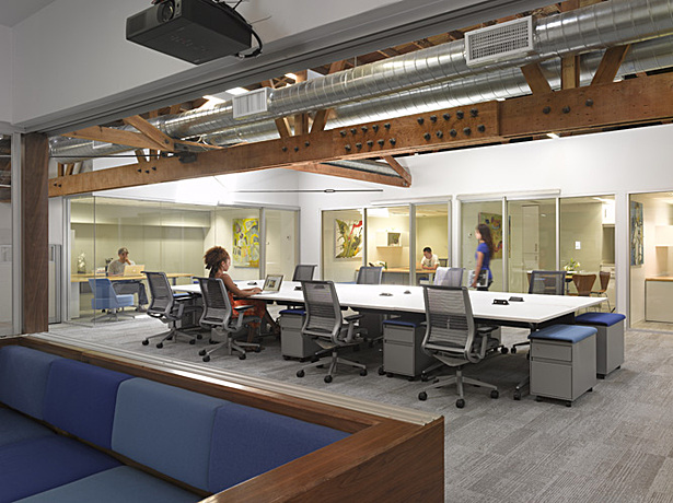 Shared desks with private offices in the background