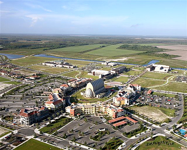 Aerial view of campus over Ava Maria Town Center and Oratory.