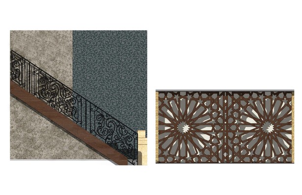 Custom Railing Detail and Custom Lobby Wall Detail