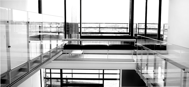 Kitchen view overlooking living room mezzanine 