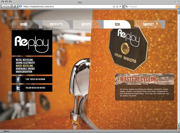 Eco page informs users of various efforts made by Replay Drums to lessen their impact left on the natural environment.
