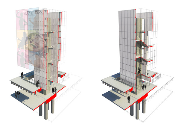 Inverted Stadium. Tower Sectional Study. Circulation Tower / LED Display Tower