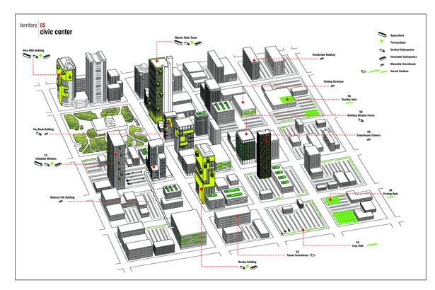 Axon Drawing of Projects of Multiple Students Across Downtown Columbus