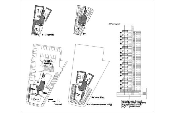 plan diagrams and south elevation- 88 unit version by David Curtis