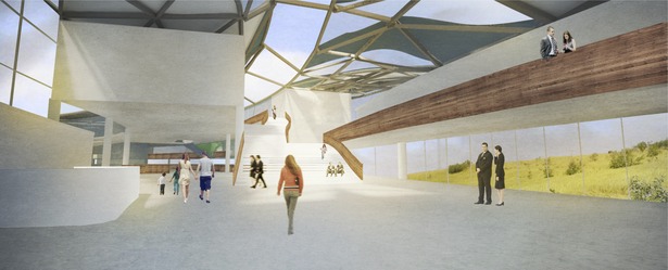 When first arriving on site at the end of a sweeping walk both a ramp and a lobby greet you. The 20-foot wide ramp ascends two stories from the ground level up to the residence hall and then continues to a green roof above the café. The administration and lobby welcomes guests and includes a full-height open-air atrium that enables unique circulation for building occupants, improves the flow of air and provides increased interior day lighting. Just through the lobby, the lateral circulation...