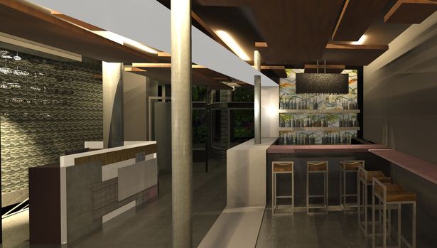 View of the entrance, the ground floor bar, and the hostess desk.