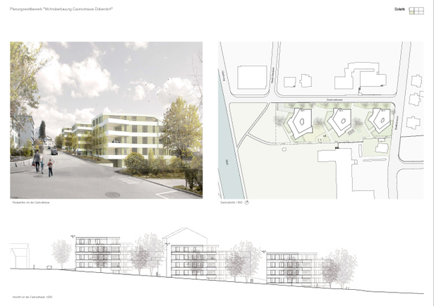 Exterior perspective, roof plan & long elevation