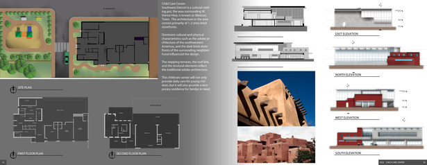 This day care is located in southwest Detroit, which is defined as a cultural melting pot for the city. This site in particular is in the Mexican Village area. Referencing adobe architectural styles (southwestern US and Mexico) and local materials (dark aged brick masonry) the design referenced both culture and location. 