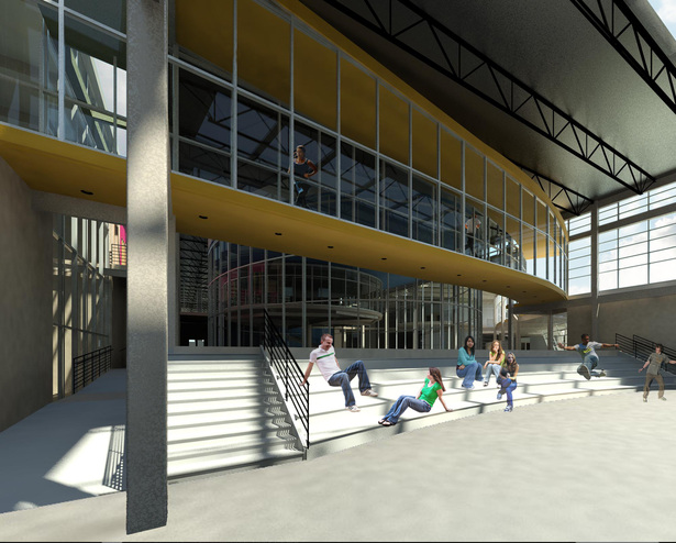 Amphitheater with elevated ramp cutting through
