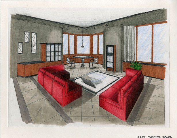 Modern interior done in marker and colored pencil.