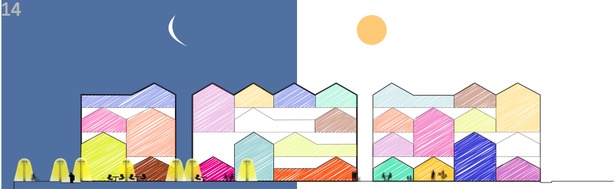 Elevations demonstrating use during day and night hours.