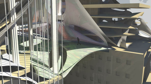 Pedestrian bridge with art projections