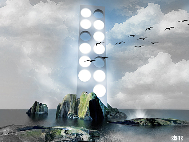 Frontal Elevation at Sunrise Stereotomic design of a maritime highway billboard with the map of the city carved out from a monolithic concrete slab