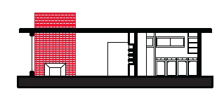 The image is a section of the north elevation, showing the living room and kitchen. 