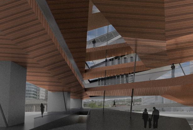 Library Wrapped in Media Mesh Projecting a Message | VRay Render, Photoshop