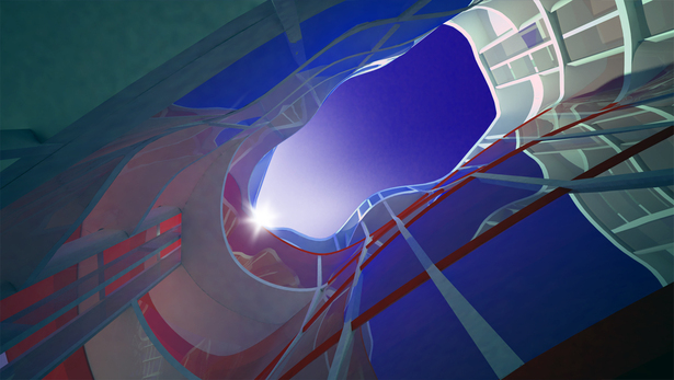 A view up into the inner atrium from the street level.