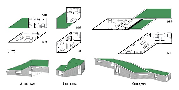 To maximize farmland, natural beauty, and critical environmental areas, residential and commercial units, in standard shapes and sizes, are stacked into series of interconnected, mixed-use developments straddling the border, providing views and access to both sides. By stacking and partially burying some of the structures, vertical density is achieved without much added height