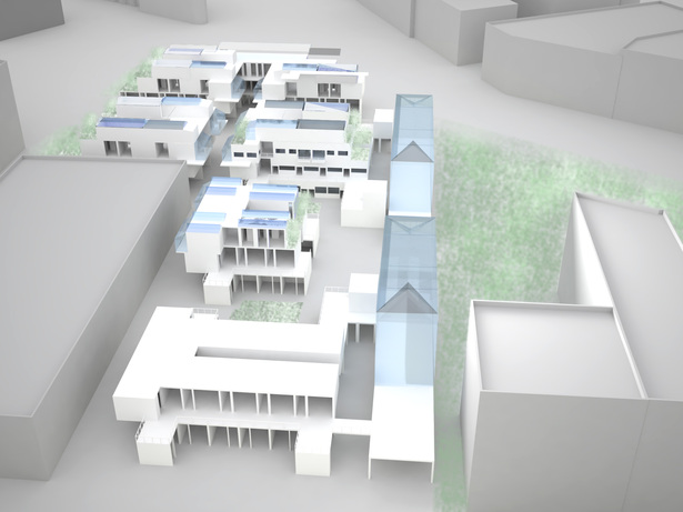 aerial perspective of each terraced complex within the community