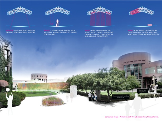 This third image places the installation within the larger context of the MCC plaza and downtown Minneapolis, presenting it as a platform for creative dialogue throughout the summer of 2013.