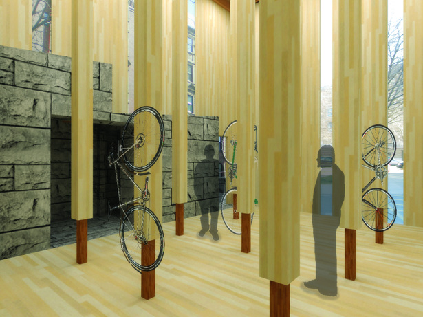 interior rendering of how the bikes are stored and the peoples’ relation to the built elements