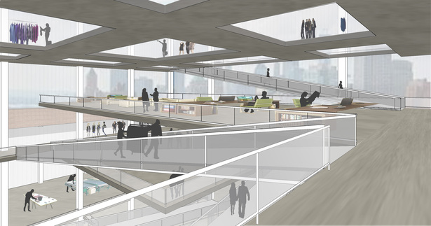 Interior View of production, seasonal display, office, and boutique floors with weaving circulation ramp
