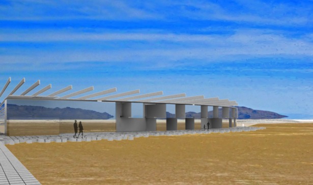 View of Half of the Rest Stop Facilities and Hotel Rooms from Salt Flats | VRay Render