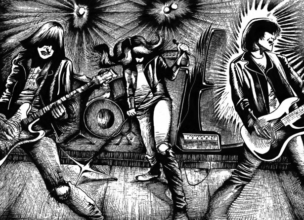 This piece is a rough pen and ink illustration of the Ramones.
