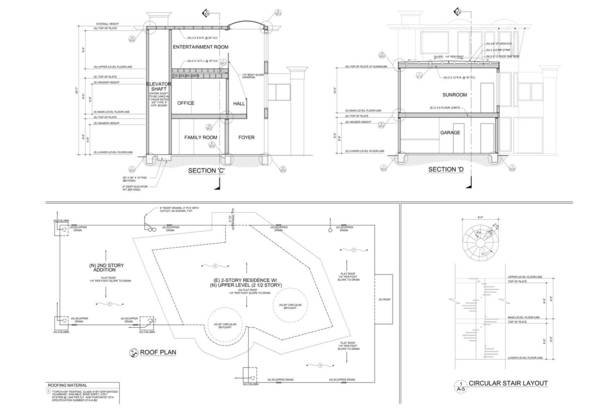 Sections C & D, & Roof Plan