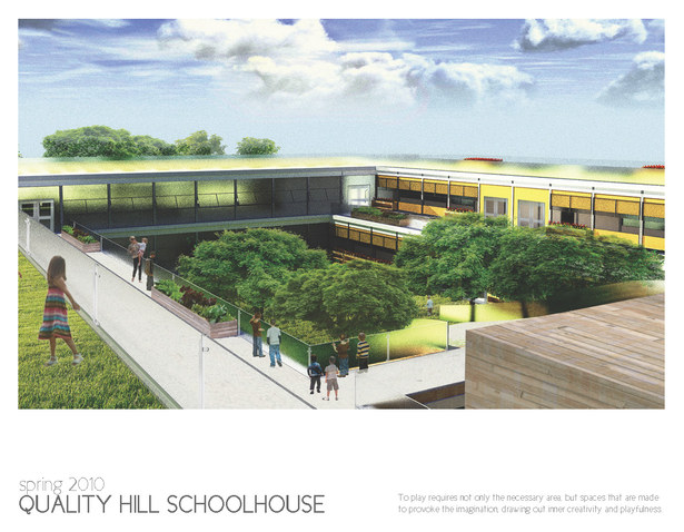 A view looking down upon school's multi-layered courtyard.