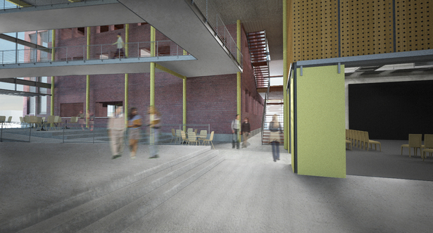 Flex space, theater entry, and main stair