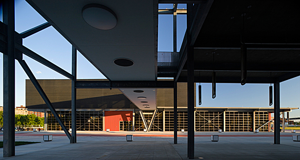 view of retail and restaurant building from entry to museum
