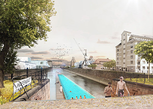 Historic harbour basin with floating swimming pool