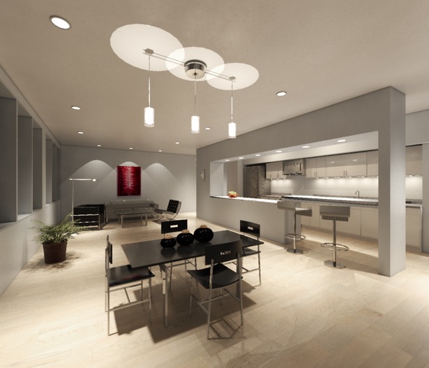 Nighttime rendering showing living/dining, kitchen